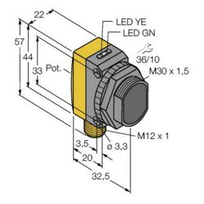 Rysunek techniczny czujnika z wymiarami: szerokość 22 mm, wysokość 57 mm, głębokość 33 mm. Złącza: M12 x 1, M30 x 1,5.