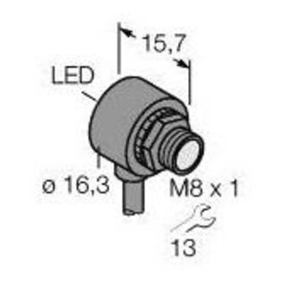 Rysunek walcowego obiektu z oznaczeniem: 'LED', średnica 16,3 mm, długość 15,7 mm, gwint M8x1, rozmiar klucza 13.