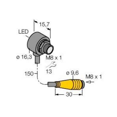Rysunek czujnika M8 z diodą LED. Wymiary i gwint są oznaczone: M8 x 1, ø 16,3 mm, ø 9,6 mm. Kabel połączeniowy: długość 150 mm.
