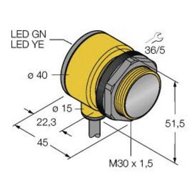 'Schemat okrągłej żółtej elektrycznej obudowy wtykowej z wymiarami: średnica 40 mm, całkowita długość 51,5 mm, gwint M30 x 1,5.'