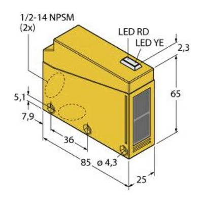 Blok Gelde o wymiarach: 65 mm wysokości, 85 mm długości, 25 mm szerokości. Oznaczenia 'LED RD' oraz 'LED YE', złącza na górnej powierzchni.