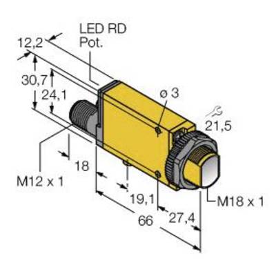 Rysunek techniczny żółtego czujnika z gwintami M12 i M18, z zaznaczonymi wymiarami i potencjometrem LED RD.