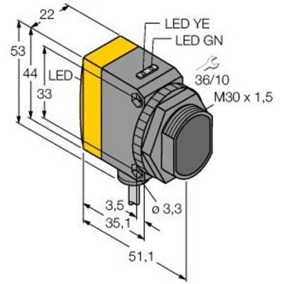 Rysunek techniczny czujnika z wymiarami i oznaczeniami, takimi jak 'LED ŻÓŁ', 'LED ZIE', oraz 'M30 x 1,5'.