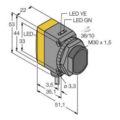 Rysunek prostokątnego czujnika z wymiarami w milimetrach. Przedstawia diody LED, złącze śrubowe M30 x 1,5. Wymiary: długość 51,1, szerokość 22, wysokość 53.