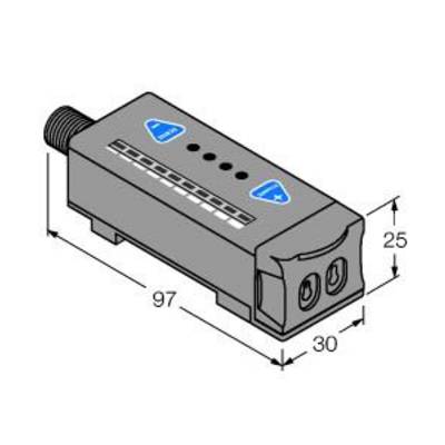 Diagram prostokątnego złącza elektrycznego z wymiarami: długość 97 mm, szerokość 30 mm, wysokość 25 mm; przedstawia podłączenia.