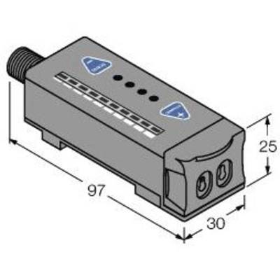 Rysunek prostokątnego elementu elektronicznego o wymiarach: długość 97 mm, szerokość 30 mm, wysokość 25 mm, przedstawiający złącza i symbole.