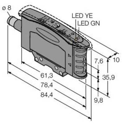 Rysunek techniczny urządzenia elektronicznego z wymiarami: szerokość 61,3 do 84,4 mm, wysokość 35,9 mm, głębokość 9,8 do 10 mm. Diody LED: żółta i zielona.