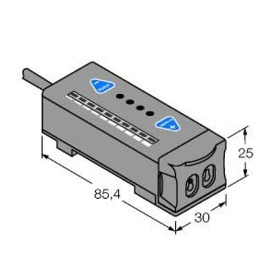 Prostokątny adapter elektroniczny o wymiarach: długość 85,4 mm, szerokość 30 mm, wysokość 25 mm, przedstawiający złącza i symbole.