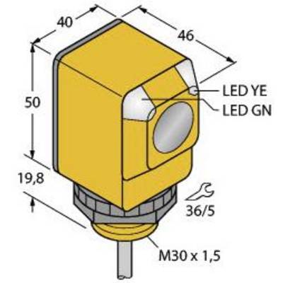Diagram prostokątnego urządzenia o wymiarach 46x50x40 mm. Przedstawia wskaźniki LED ('LED YE', 'LED GN') oraz gwint 'M30 x 1,5'.