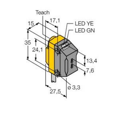 Rysunek techniczny elektrycznego przełącznika z wymiarami w milimetrach. Dwie diody LED opisane: 'LED YE' i 'LED GN'.