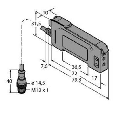 Rysunek techniczny elektronicznego czujnika ze szczegółowymi wymiarami oraz parametrami podłączeniowymi, np. długością przewodu i średnicą gwintu.