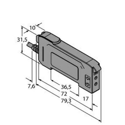 Rysunek techniczny prostokątnego urządzenia elektronicznego z przewodem; wymiary: długość 79,3 mm, szerokość 36,5 mm, wysokość 31,5 mm.