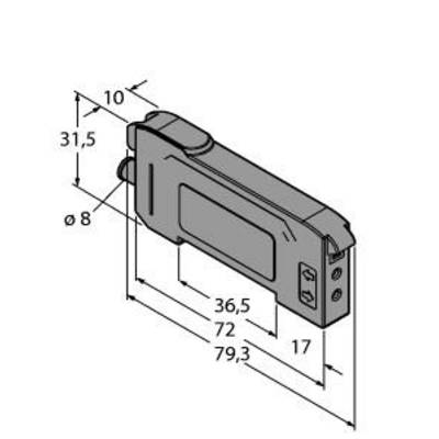 Rysunek techniczny prostokątnego elementu o wymiarach: 79,3 x 36,5 x 17 mm. Dodatkowe szczegóły: 31,5 mm i średnica 8 mm.