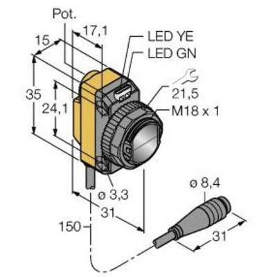 Rysunek techniczny czujnika optycznego z wymiarami. Główne komponenty: wskaźniki LED, potencjometr, gwint M18 x 1.