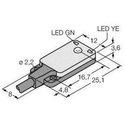 Diagram elektronicznego elementu z wymiarami: długość 25,1 mm, szerokość 8 mm, wysokość 3,6 mm, przedstawiający pozycje diod LED GN i LED YE.