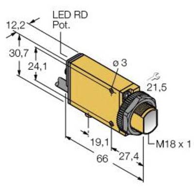 Rysunek techniczny elementu elektrycznego z wymiarami w milimetrach, wskaźnikiem LED, przyciskiem sterującym oraz gwintem M18 x 1.