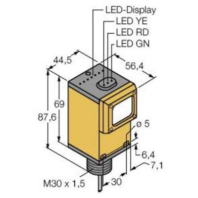 Wymiary czujnika: wysokość 87,6 mm, szerokość 44,5 mm, głębokość 56,4 mm. Uwagi: wyświetlacz LED, dioda LED żółta, dioda LED czerwona, dioda LED zielona.
