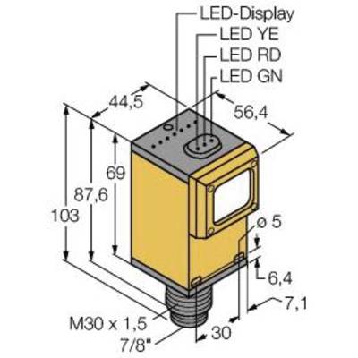 Rysunek techniczny czujnika z wymiarami w milimetrach. Szczegóły dotyczące diod LED: zielona (GN), czerwona (RD), żółta (YE), wyświetlacz. Gwint śruby: M30 x 1,5.