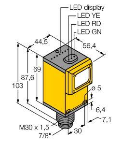 Techniczna ilustracja czujnika z wymiarami. Pokazuje wskaźniki LED: YE, RD, GN. Wymiary: 103 mm wysokości, 44,5 mm szerokości.