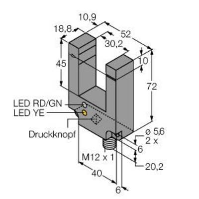 Rysunek techniczny elementu w kształcie litery U z wymiarami. Przedstawia dwie diody LED ('LED RD/GN', 'LED YE') oraz 'przycisk wciskany'.