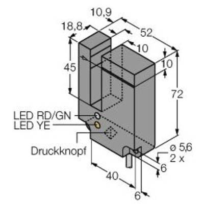 Schemat prostokątnej obudowy z wymiarami i oznaczeniami LED. Napisy: LED RD/GN, LED YE, Przycisk.