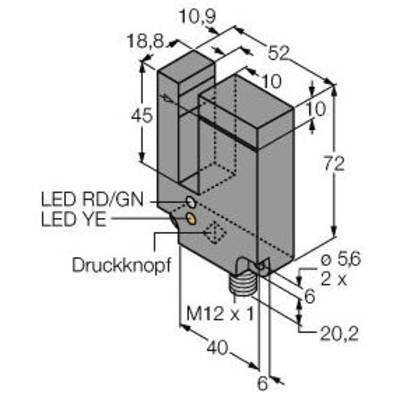 Schemat elektrycznego elementu z wymiarami w milimetrach. Przedstawia diodę LED w kolorach czerwonym/zielonym i żółtym, przycisk oraz złącze M12 x 1.