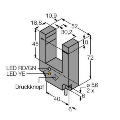 Rysunek techniczny prostokątnego elementu z wymiarami. Zaznaczono przycisk i diody LED z oznaczeniami 'LED RD/GN' oraz 'LED YE'.