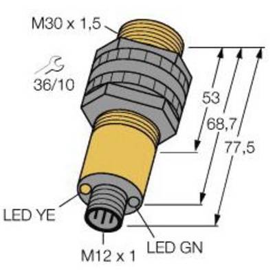 Ilustracja walcowego urządzenia z wymiarami. Górny gwint: 'M30 x 1,5'. Dolne złącze: 'M12 x 1'. Diody LED oznaczone jako 'YE' i 'GN'.