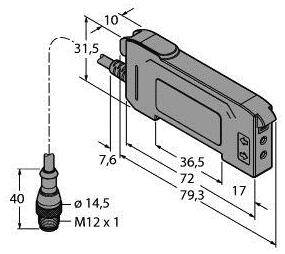 Arkusz danych graficzny elektronicznego czujnika z wymiarami: 79,3 mm długości. Złącze o wysokości 40 mm z gwintem M12 x 1.