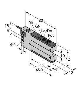Rysunek techniczny czujnika z wymiarami: 80 mm długości, 60,8 mm szerokości, 18 mm wysokości. Złącza oznaczone jako 'YE' i 'GN'.
