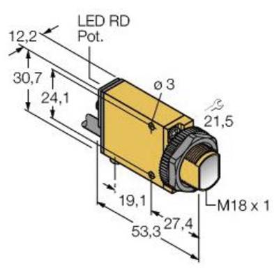 Diagram cylindrycznego przełącznika LED z wymiarami i oznaczeniem gwintu M18 x 1. Przedstawia długość, szerokość i średnicę.