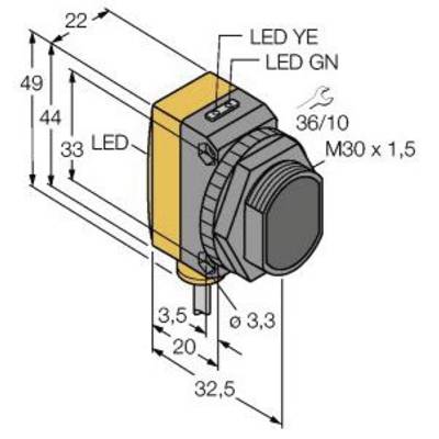 Rysunek techniczny sensora w kształcie prostokąta, wymiary w milimetrach, z diodami LED. Gwint M30 x 1,5, wymiary 49 x 44 x 22.