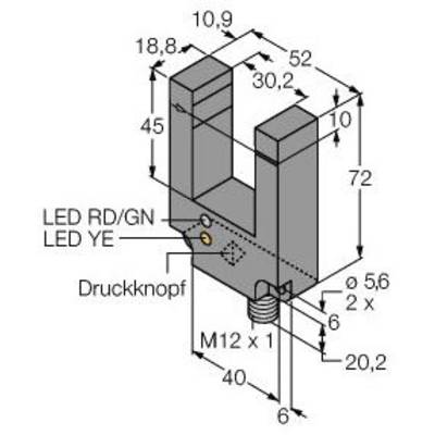 Rysunek techniczny czujnika z wymiarami w milimetrach, przedstawiający wskaźniki LED 'RD/GN' i 'YE', przycisk naciskowy oraz gwint M12.