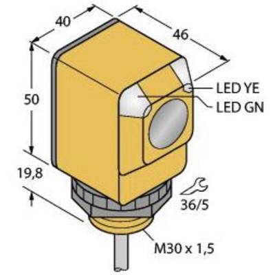 Rysunek techniczny żółtego czujnika o wymiarach: wysokość 50 mm, głębokość 40 mm, szerokość 46 mm. Wyposażony w wskaźniki LED w kolorach żółtym i zielonym.