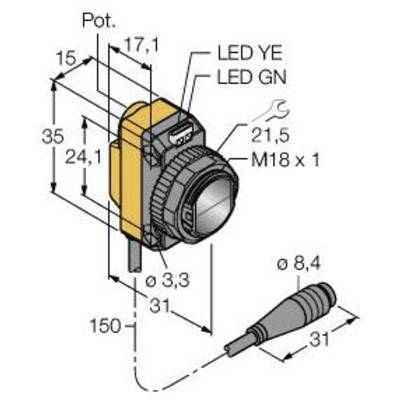 Rysunek techniczny czujnika optycznego z wymiarami. Przedstawia złącze, wskaźniki LED (YE, GN) oraz gwint M18 x 1.