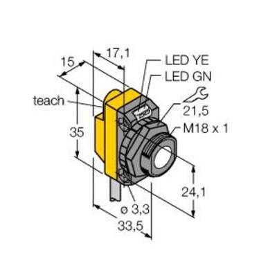 Rysunek techniczny czujnika o wymiarach: 35 mm wysokości, 33,5 mm szerokości. Przyłącza: M18 x 1, wskaźniki LED w kolorach żółtym i zielonym.