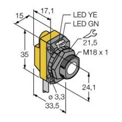 Rysunek cylindrycznego czujnika z wymiarami i wskaźnikami LED. Oznaczenia: 'LED żółta', 'LED zielona', 'M18 x 1'.