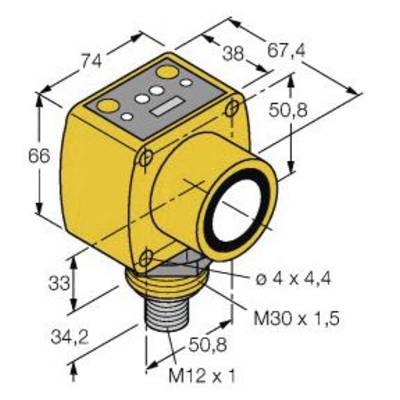 Żółty czujnik o wymiarach: wysokość 74 mm, szerokość 66 mm, głębokość 50,8 mm. Złącza to M30 x 1,5 i M12 x 1, z pierścieniem uszczelniającym.