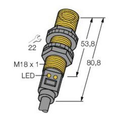 Rysunek techniczny cylindrycznego czujnika z wymiarami: długość 80,8 mm, gwint M18 x 1, rozmiar klucza 22 mm, wskaźnik LED.