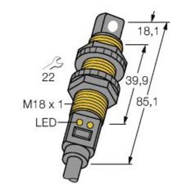 Rysunek techniczny obudowy czujnika z wymiarami: długość 85,1 mm, średnica 18,1 mm, gwint M18 x 1, wskaźnik LED.