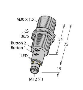 Diagram cylindrycznego obudowy czujnika z gwintem M30, o długości 75 mm, przedstawiający pozycję dwóch przycisków, diody LED oraz wymiary gwintu.