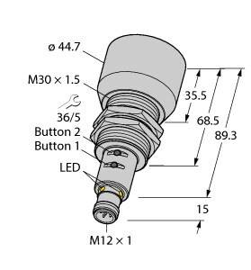 Rysunek techniczny elementu cylindrycznego. Wymiary: całkowita długość 89,3 mm, średnica 44,7 mm. Zawiera gwinty M30 i M12 oraz przyciski i diodę LED.