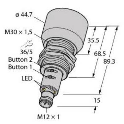 Rysunek techniczny jednostki przełącznika LED z wymiarami: Ø44,7, M30x1,5, M12x1. Oznaczone: 'Przycisk 1', 'Przycisk 2', strefa LED.