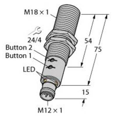 Rysunek cylindrycznego urządzenia z podanymi wymiarami 75 mm (całkowita długość), 54 mm, 15 mm. Oznaczenia dla 'M18 x 1', 'LED', 'Przycisk 1', 'Przycisk 2', '24/4', 'M12 x 1'.