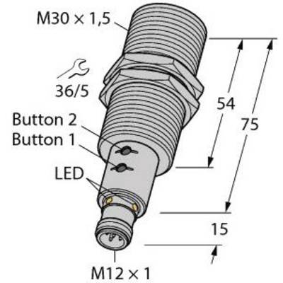 Rysunek cylindrycznego czujnika ze szczegółami: górna część M30 x 1,5, dolna część M12 x 1, przycisk 1 i 2, dioda LED, wymiary w mm.
