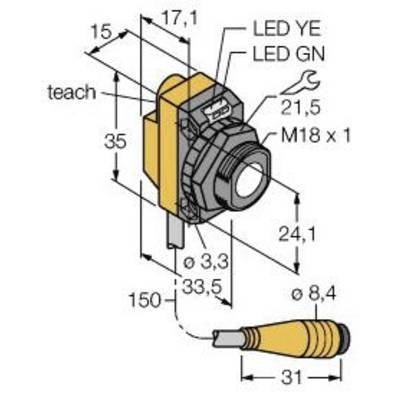 Rysunek techniczny złącza czujnika z wymiarami i oznaczeniami: 'LED Ż', 'LED Z', 'M18 x 1'. Przedstawia szczegóły podłączenia i gabaryty.
