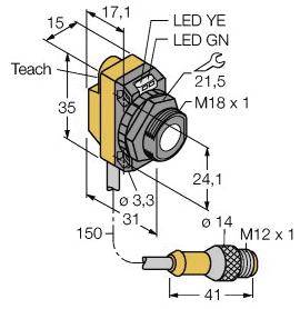 Rysunek techniczny czujnika: przedstawia wymiary, pozycje diod LED, gwint M18 x 1, rozmiar złącza M12 x 1.