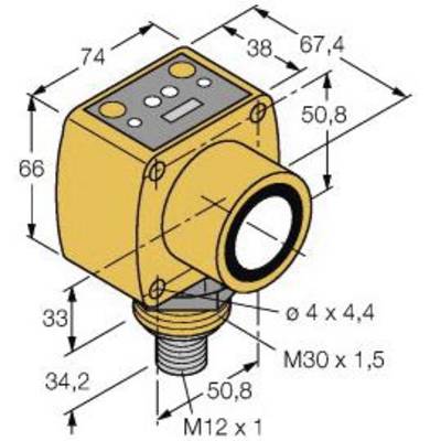 Rysunek techniczny czujnika z wymiarami. Szerokość: 74 mm, głębokość: 67,4 mm, wysokość: 66 mm. Gwint: M30 x 1,5, M12 x 1.