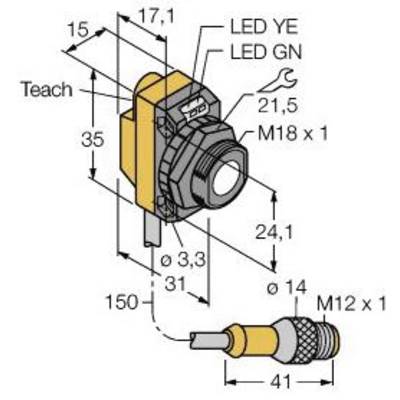 Czujnik automatyzacji o parametrach technicznych: obudowa 17,1x35mm, gwint M18x1, wskaźniki LED dla YE i GN, złącze kablowe M12x1.