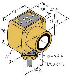 Rysunek techniczny czujnika z wymiarami: szerokość 74 mm, wysokość 66 mm. Gwint M30 x 1,5. Pozycja i wymiary otworów montażowych podane.